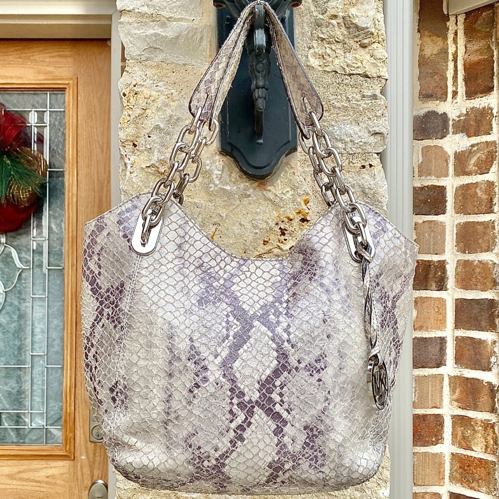Michael Kors Gray Python Embossed Hobo Chain Bag